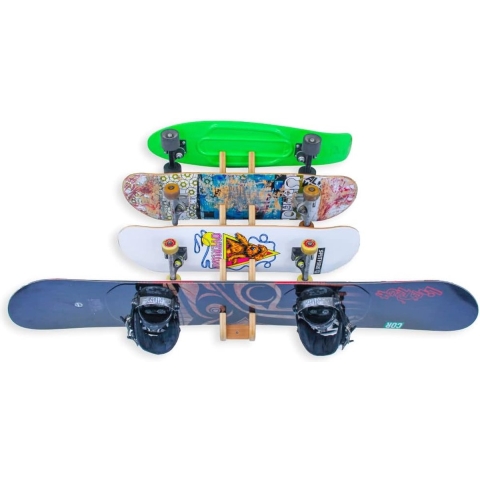 Skateboard muurbeugel voor 4 boards, snowboard muurbeugel voor vier boards, duurzaam bamboe, 4 boards, wandplank voor sneeuw en skate