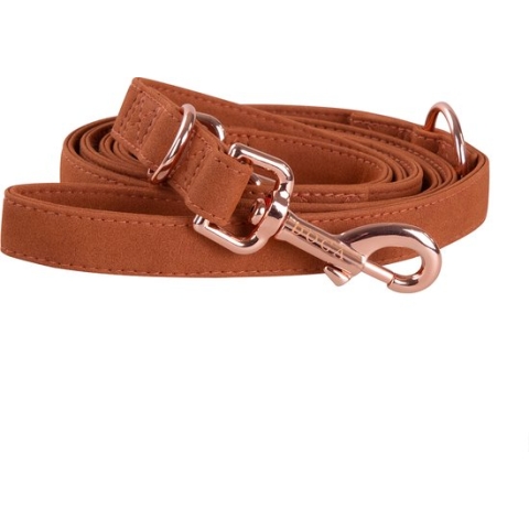 DOGA Hondenriem - Uitlaatriem - Cognac - Bruin - Roségoud - Verstelbare riem - Lange lijn - Vegan leer - 200 cm - maat ML - bijpassende halsband en dispenser mogelijk