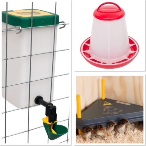 Comfort driehoek warmteplaat 30 x 30 CM inclusief drinkfles en voersilo - drinkfles met klapdeksel 1 Liter - voersilo 1 kg - voor kuikens