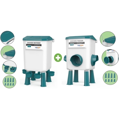 UniEgg Feeder 12kg + Drinker 11 Liter (Groen) - Voordeelpak (2) - automatisch en innovatief , inclusief ophangset en poten - drinkbak kip en ander pluimvee of gevogelte