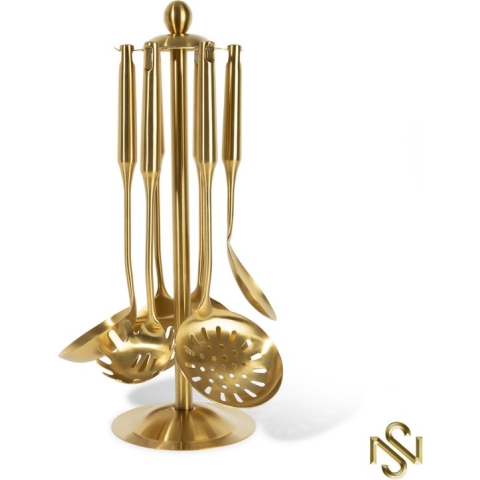 San Naila - Keukengerei - Goud - Mat - 7-delig - Kookgerei - Draaibare houder -  Luxe - Kookgerei