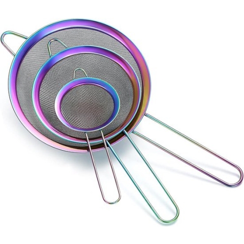 Rainbow fijnmazige zeef 3-delige set, kleurrijke meelzeef voor bakken, roestvrijstalen reiniger, veelkleurige Matcha-theezeef, sausafscheider, Stasher-zeef Pasta-zeef