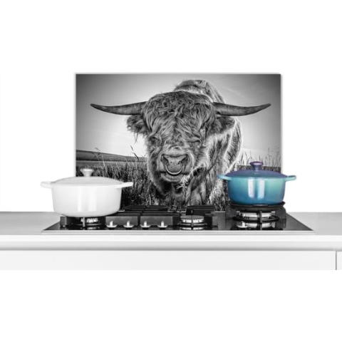 Spatscherm Keuken - Kookplaat Achterwand - Spatwand Fornuis - 60x40 cm - Schotse Hooglander - Zwart - Wit - Aluminium - Wanddecoratie - Muurbeschermer - Hittebestendig