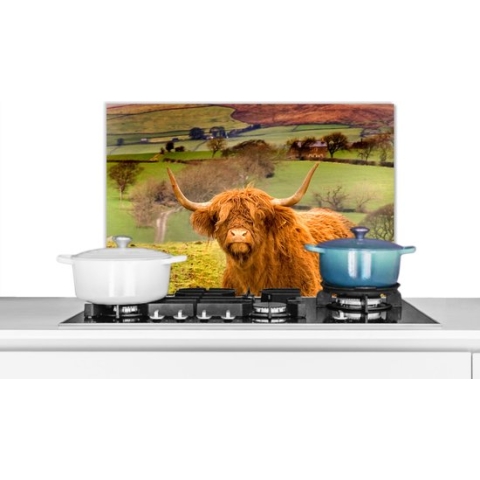 Spatscherm Keuken - Kookplaat Achterwand - Spatwand Fornuis - 60x40 cm - Schotse Hooglander - Berg - Herfst - Aluminium - Wanddecoratie - Muurbeschermer - Hittebestendig
