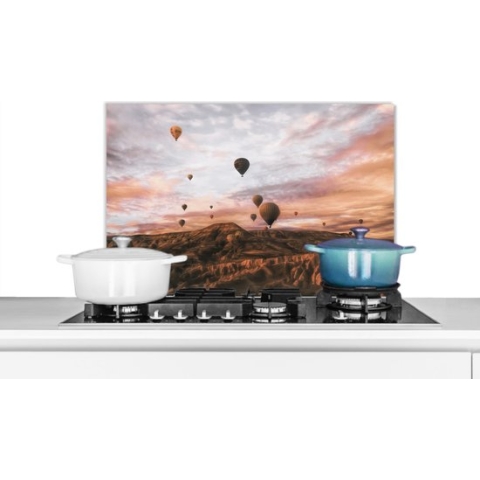 Spatscherm keuken 70x50 cm - Kookplaat achterwand Landschap - Luchtballon - Bergen - Bruin - Muurbeschermer hittebestendig - Spatwand fornuis - Hoogwaardig aluminium