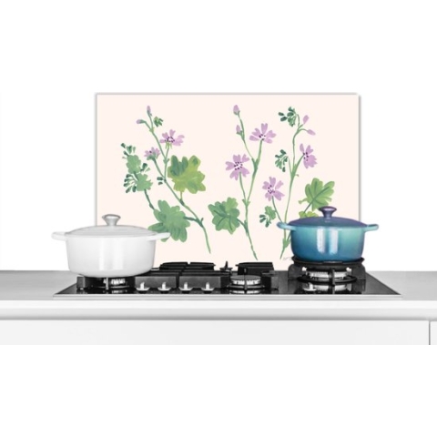 Spatscherm keuken 70x50 cm - Kookplaat achterwand Bloemen - Planten - Beige - Roze - Muurbeschermer hittebestendig - Spatwand fornuis - Hoogwaardig aluminium