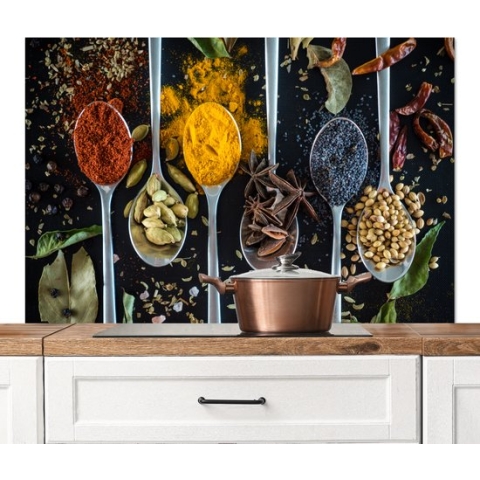 Spatscherm keuken 120x80 cm - Kookplaat achterwand Kruiden - Lepel - Specerijen - Zwart - Keuken - Muurbeschermer hittebestendig - Spatwand fornuis - Hoogwaardig aluminium