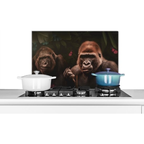 Spatscherm Keuken - Kookplaat Achterwand - Spatwand Fornuis - 60x40 cm - Gorilla - Jungle - Planten - Vlinder - Aluminium - Wanddecoratie - Muurbeschermer - Hittebestendig