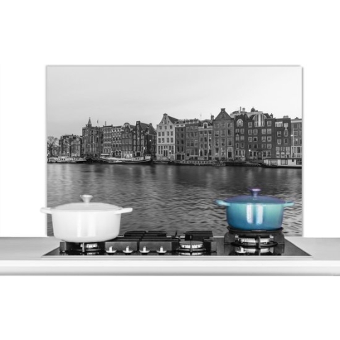 Spatscherm Keuken - Kookplaat Achterwand - Spatwand Fornuis - 100x65 cm - Amsterdamse grachtenpanden - Zwart - Wit - Aluminium - Wanddecoratie - Muurbeschermer - Hittebestendig