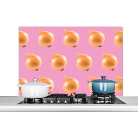 Spatscherm Keuken - Kookplaat Achterwand - Spatwand Fornuis - 100x65 cm - Groenten - Uien - Patronen - Roze - Aluminium - Wanddecoratie - Muurbeschermer - Hittebestendig