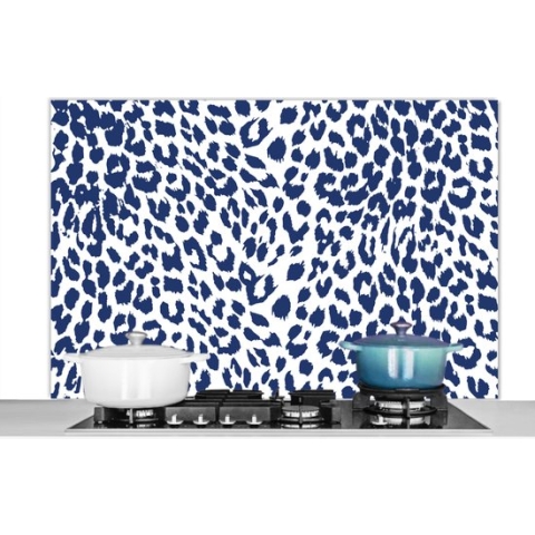 Spatscherm Keuken - Kookplaat Achterwand - Spatwand Fornuis - 120x80 cm - Panterprint - Wit - Blauw - Aluminium - Wanddecoratie - Muurbeschermer - Hittebestendig