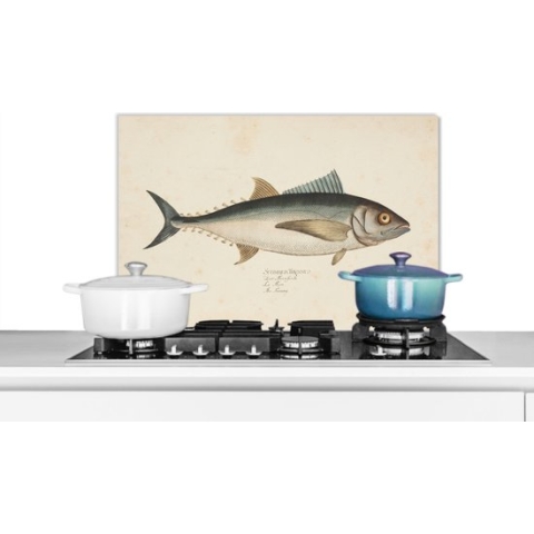 Spatscherm Keuken - Kookplaat Achterwand - Spatwand Fornuis - 70x50 cm - Een vintage illustratie van een vis - Aluminium - Wanddecoratie - Muurbeschermer - Hittebestendig