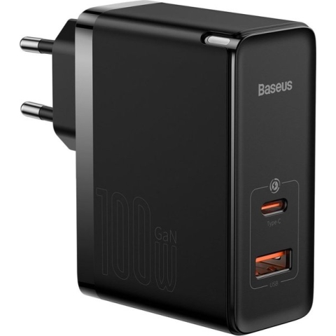 Baseus GaN5 100W Snellader met Fast Charge + 100W USB-C Kabel Zwart