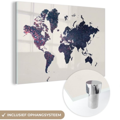 MuchoWow® Glasschilderij - Wereldkaart - Blauw - Glitter - 90x60 cm - Acrylglas Schilderijen - Foto op Glas