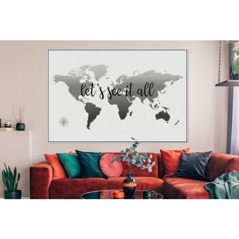 Canvas Wereldkaart - 150x100 - Wanddecoratie Wereldkaart zonder omlijningen een zwarte tekst - zwart wit