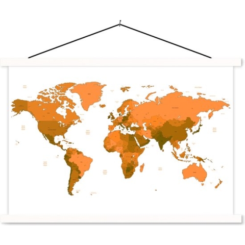 Schoolplaat - Wereldkaart - Oranje - Simpel - 150x100 cm - Textielposter Witte latten - Textiel poster