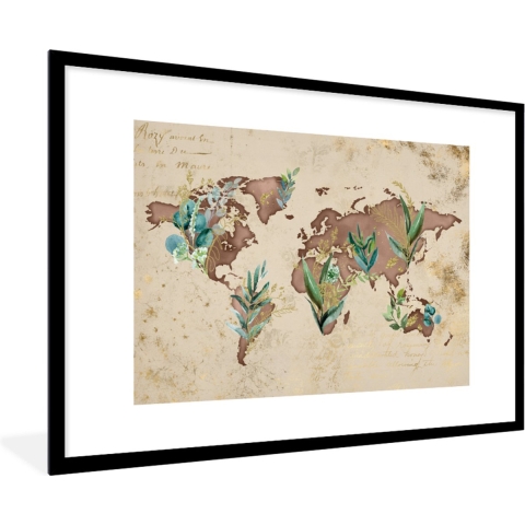 Fotolijst incl. Poster - Wereldkaart - Retro - Planten - 120x80 cm - Posterlijst