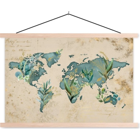 Posterhanger incl. Poster - Schoolplaat - Wereldkaart - Papyrus - Vintage - 150x100 cm - Blanke latten