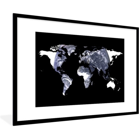 Fotolijst incl. Poster - Wereldkaart - Zwart - Wit - Wereldbol - 120x80 cm - Posterlijst