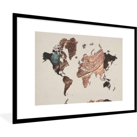 Fotolijst incl. Poster - Wereldkaart - Hout - Bruin - 120x80 cm - Posterlijst