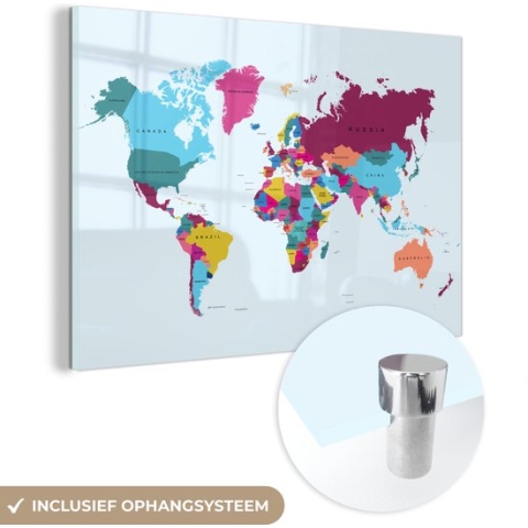 MuchoWow® Glasschilderij - Wereldkaart - Trendy - Kleurrijk - 150x100 cm - Acrylglas Schilderijen - Foto op Glas