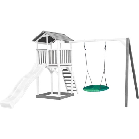 AXI Beach Tower Speeltoestel in Grijs/Wit - Speeltoren met Summer Nestschommel, Witte Glijbaan en Zandbak - FSC hout - Speelhuis op palen voor de tuin
