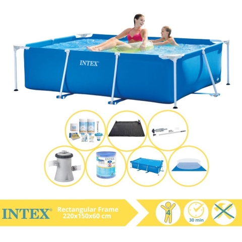 Intex Rectangular Frame Zwembad - Opzetzwembad - 220x150x60 cm - Inclusief Solarzeil, Onderhoudspakket, Zwembadpomp, Filter, Stofzuiger, Solar Mat en Zwembadtegels