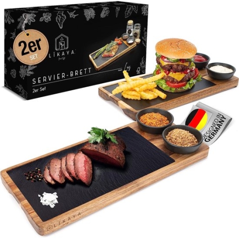 Serveerplank set van 2 van FSC®-gecertificeerd acaciahout met leisteen plaat en sauzen kommen voor steak, burgers, sushi en nog veel meer - perfecte accessoires voor bijvoorbeeld barbecueën
