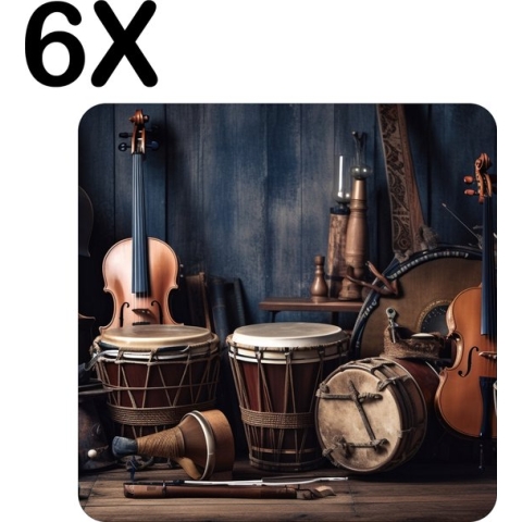 BWK Luxe Placemat - Vintage Instrumenten - Muziek - Set van 6 Placemats - 50x50 cm - 2 mm dik Vinyl - Anti Slip - Afneembaar