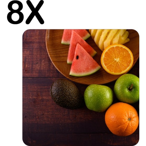 BWK Stevige Placemat - Compositie van Fruit op een Houten Plank - Set van 8 Placemats - 50x50 cm - 1 mm dik Polystyreen - Afneembaar