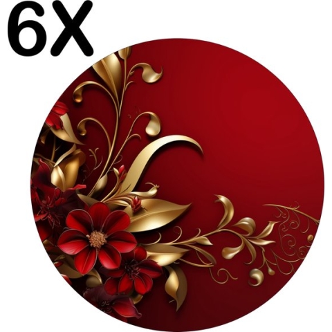 BWK Luxe Ronde Placemat - Diep Rode Achtergrond met Rode en Gouden Bloemen - Set van 6 Placemats - 40x40 cm - 2 mm dik Vinyl - Anti Slip - Afneembaar