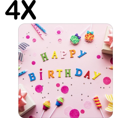 BWK Luxe Placemat - Vrolijke Roze Happy Birthday - Set van 4 Placemats - 50x50 cm - 2 mm dik Vinyl - Anti Slip - Afneembaar