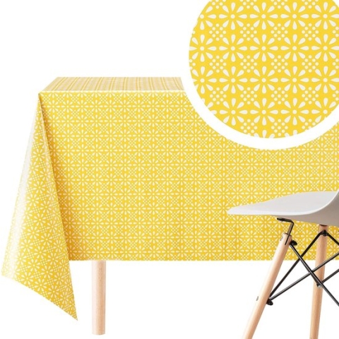 Geel tafelzeil tafelkleed wit retro bloemenprint afwasbaar PVC tafelkleed rechthoekig 200 x 140 cm - klassiek wijnstokbloemen tafelkleed onderhoudsvriendelijk vinyl kunststof tafelkleed waterdicht