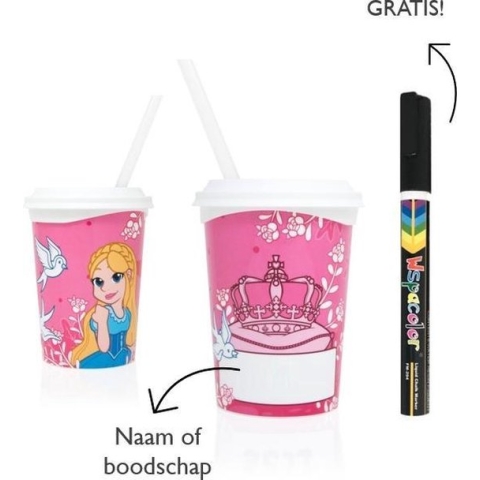 50 x Beschrijfbare party beker Prinses (350ml), incl. deksel en uitwisbare stift - leuk voor kinderfeestjes en traktaties