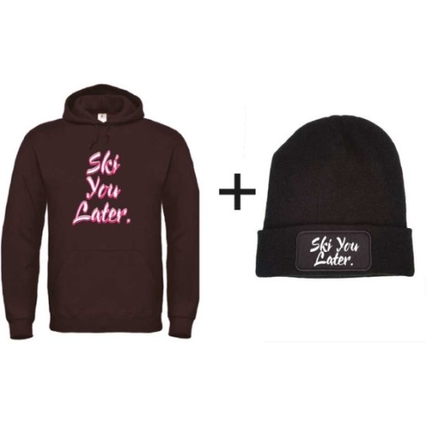Set wintersport hoodie zwart XXL + muts - Ski you later - soBAD. | Foute apres ski outfit | kleding | verkleedkleren | wintersport beanie | wintersporttruien | wintersport dames en heren