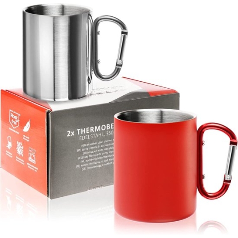 2x RVS thermobeker met karabijnhaak - 350 ml per koffiemok - onbreekbare thermo drinkbeker - dubbelwandige isolerende mok (2 stuks - RVS zilver - karabijnhaak handvat)