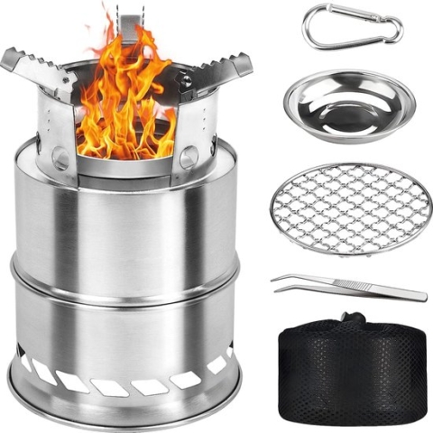 Houtkachel, draagbaar, campingkooktoestel, houtcarburateur, outdoor, roestvrij staal, opvouwbaar, winddicht, compact, campingkooktoestel, zonder gas en stroom, voor outdoor, camping, picknick, barbecue, backpacking