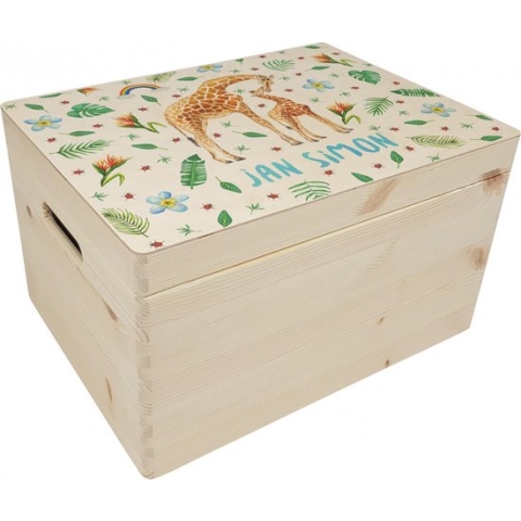 World of Mies memorybox Giraf met naam - Houten herinneringskist 30 x 40 x 23 cm - met handvaten - hoogwaardige kleurenprint in het hout - handgeschilderd design door Mies