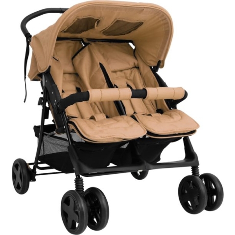 The Living Store Comfortabele Tweelingwagen - Wandelen en winkelen - 80 x 96 x 104 cm - Staal en linnen - Taupe