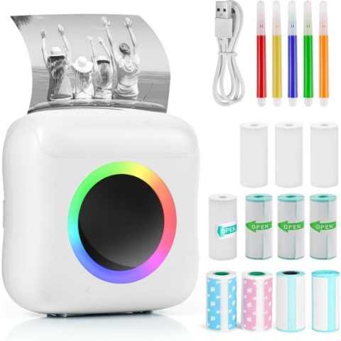 ALLGoods. Mini Printer – Inclusief Thermisch/Zelfklevend/Etiket-Papier, USB-kabel, Aquarelpen, Transparant Sticke – Foto Printer Draadloos – Mobiele Fotoprinter - Wit