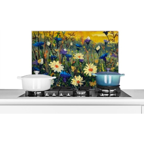 Spatscherm Keuken - Kookplaat Achterwand - Spatwand Fornuis - 60x40 cm - Schilderij - Olieverf - Natuur - Bloemen - Aluminium - Wanddecoratie - Muurbeschermer - Hittebestendig