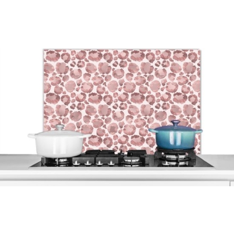 Spatscherm Keuken - Kookplaat Achterwand - Spatwand Fornuis - 80x55 cm - Panterprint - Aquarelverf - Roze - Aluminium - Wanddecoratie - Muurbeschermer - Hittebestendig