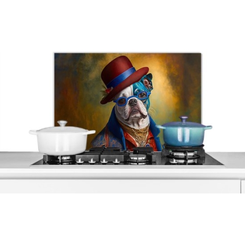 Spatscherm Keuken - Kookplaat Achterwand - Spatwand Fornuis - 60x40 cm - Hond - Portret - Kleding - Hoed - Abstract - Aluminium - Wanddecoratie - Muurbeschermer - Hittebestendig