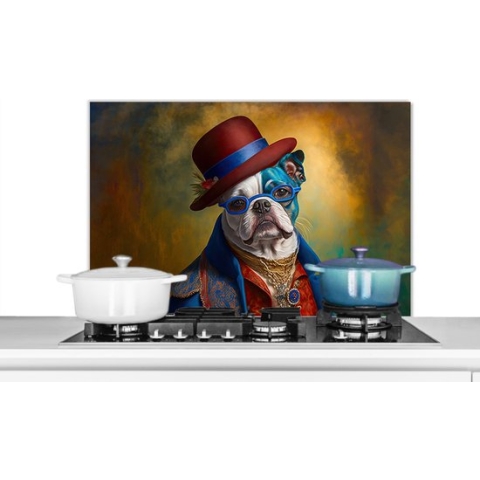 Spatscherm Keuken - Kookplaat Achterwand - Spatwand Fornuis - 80x55 cm - Hond - Portret - Kleding - Hoed - Abstract - Aluminium - Wanddecoratie - Muurbeschermer - Hittebestendig
