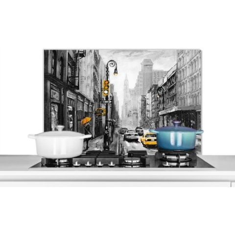 Spatscherm Keuken - Kookplaat Achterwand - Spatwand Fornuis - 80x55 cm - Schilderij - Olieverf - Stad - Auto - Aluminium - Wanddecoratie - Muurbeschermer - Hittebestendig