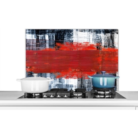 Spatscherm Keuken - Kookplaat Achterwand - Spatwand Fornuis - 90x60 cm - Schilderij - Abstract - Rood - Olieverf - Aluminium - Wanddecoratie - Muurbeschermer - Hittebestendig