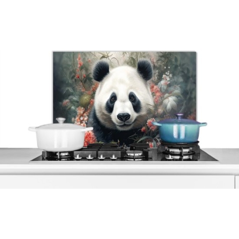 Spatscherm Keuken - Kookplaat Achterwand - Spatwand Fornuis - 70x50 cm - Panda - Wilde dieren - Bloemen - Natuur - Aluminium - Wanddecoratie - Muurbeschermer - Hittebestendig