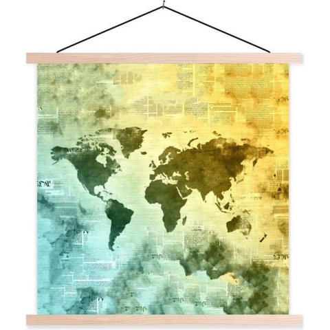 Posterhanger incl. Poster - Schoolplaat - Wereldkaart - Waterverf - Kleuren - 120x120 cm - Blanke latten