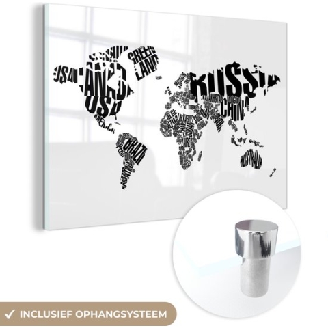 MuchoWow® Glasschilderij - Wereldkaart - Zwart - Wit - Woorden - Kind - Jongen - Meisje - 180x120 cm - Acrylglas Schilderijen - Foto op Glas