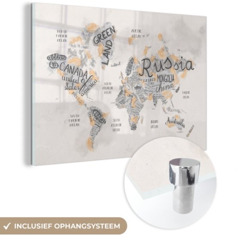 MuchoWow® Glasschilderij - Wereldkaart - Letters - Bruin - 150x100 cm - Acrylglas Schilderijen - Foto op Glas